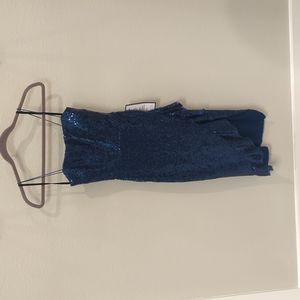 Blue sequin strap dress with front ruffle